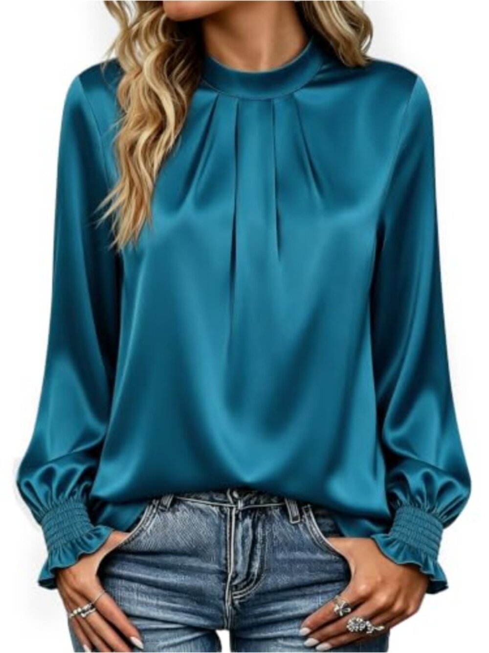 Silk Satin Long Sleeve Mock Neck Blouse Pleated Dressy Casual